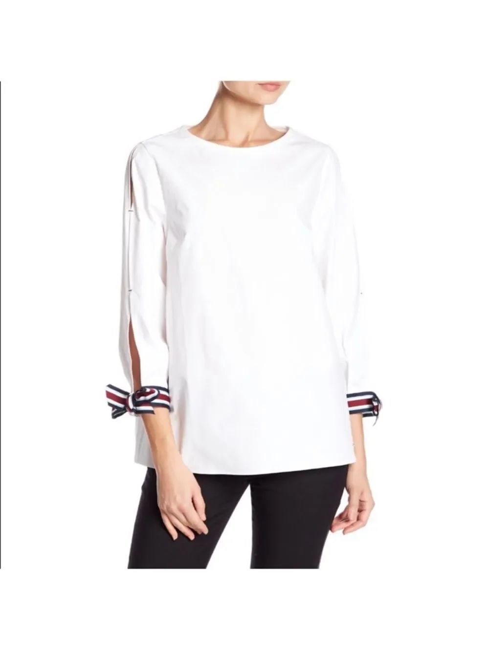 Ted Baker L (4) BIJU White Split Sleeve Colorblock Navy Blue Burgundy White Tie